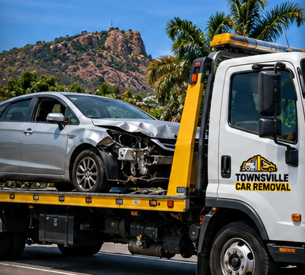 Tow truck collecting a damaged car, illustrative image